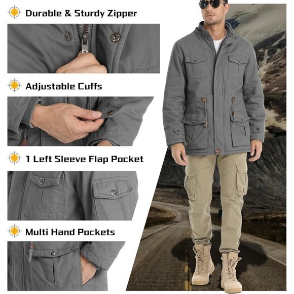 Mens Light Gray Thick Winter Jacket Hooded Fleece Lined Cotton Military Coat - Picture 4 of 6